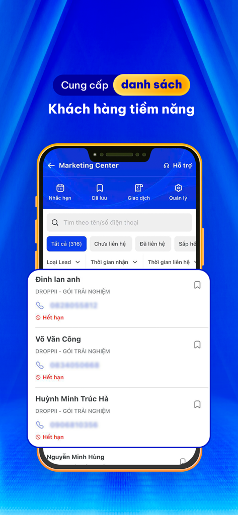 Interface do aplicativo Droppii Biz mostrando o Centro de Marketing com uma lista de leads de clientes potenciais.