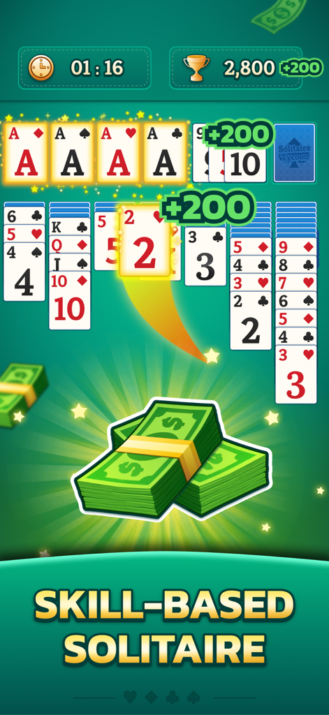Interfaz del juego móvil Solitaire Tycoon mostrando juego de solitario basado en habilidad con pilas de dinero