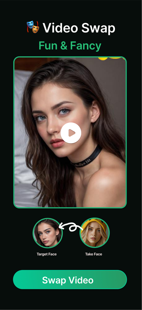 Funy AI app screenshot showing the video face swap feature interface with source and target face selection