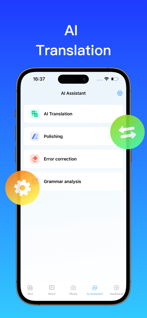 A smartphone display showing the AI Assistant features of the Translator app, including translation, polishing, and grammar analysis options.