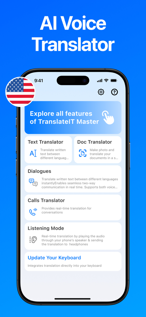 The main interface of the AI Lissa translator app featuring text voice and call translation modes