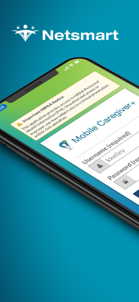 Mobile Caregiver+ - Smartphone displaying the Mobile Caregiver plus app login screen with a HIPAA compliance notice.