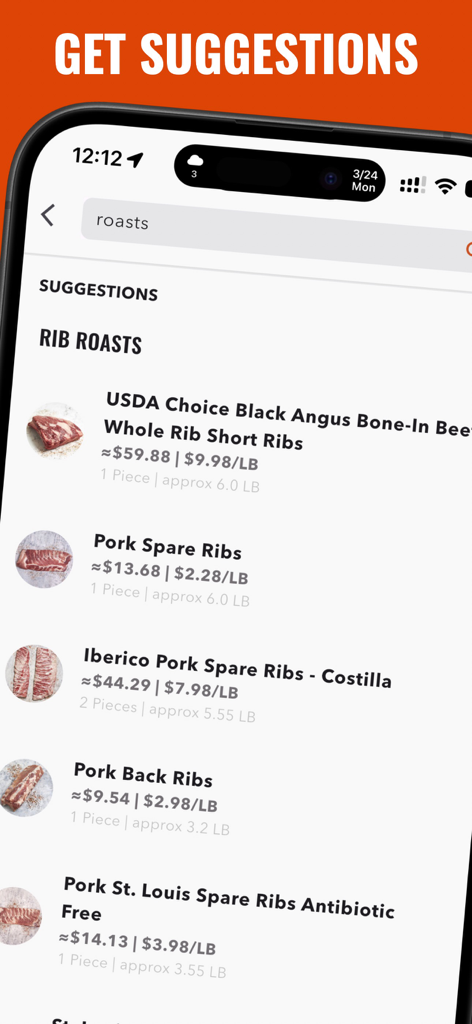 Wild Fork - Tela do aplicativo móvel Wild Fork exibindo sugestões de pesquisa para assados de costela bovina e suína com preços