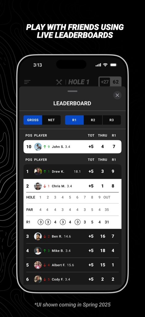 Ein mobiler Bildschirm mit einer Golf-Live-Rangliste mit Spielerplatzierungen, Scores und Rundenfortschritt.