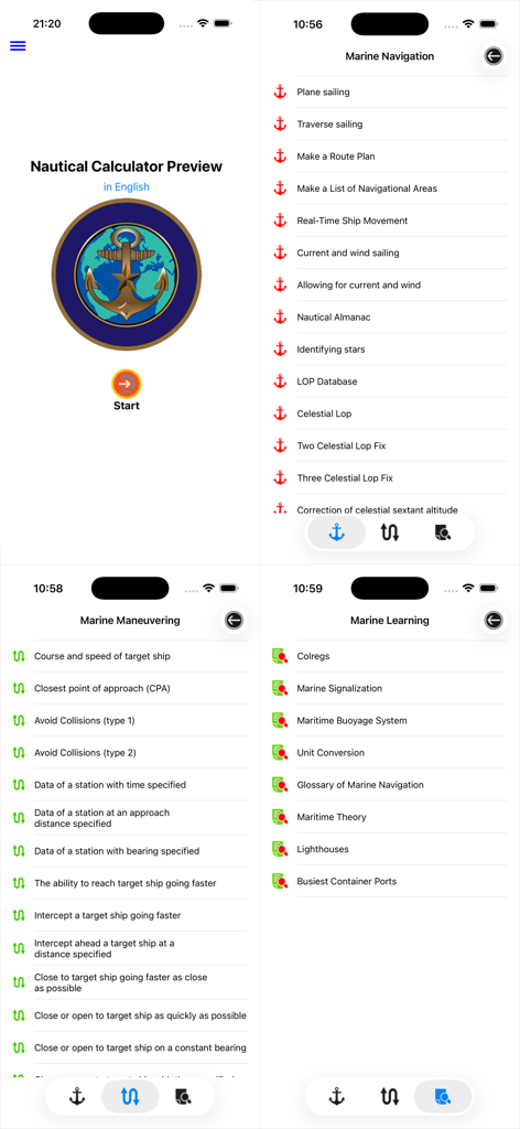 Nautical Calculator Preview - Nautical Calculator Preview app interface showing marine navigation maneuvering and learning menus