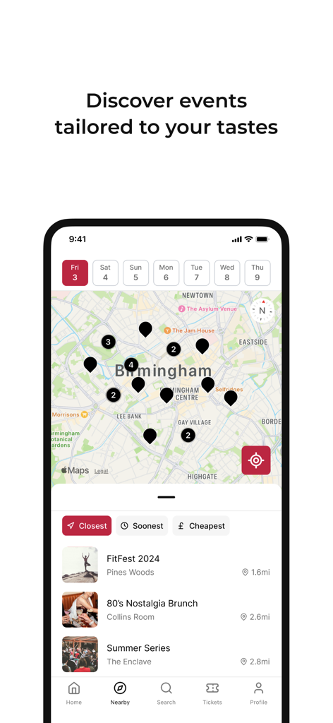 FIXR - La aplicación FIXR mostrando un mapa de Birmingham con marcadores de eventos y una lista de actividades como FitFest y 80s Nostalgia Brunch