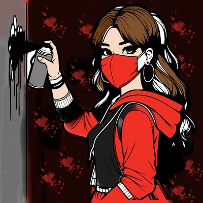 realistic girl with mask spray painting a wall