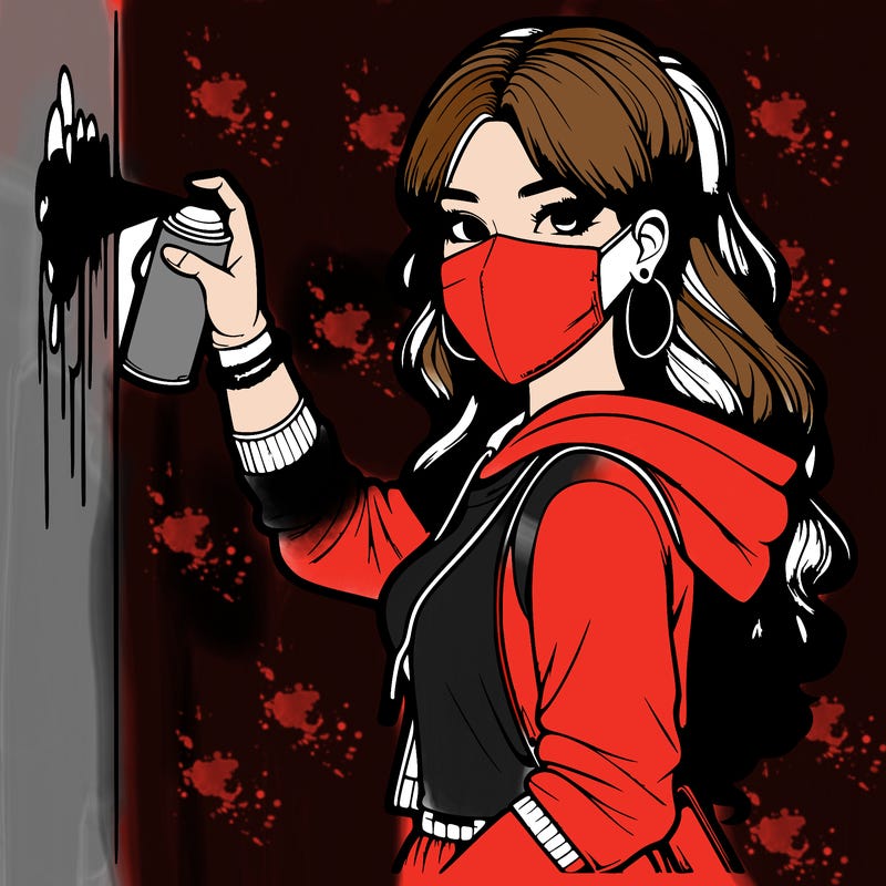 realistic girl with mask spray painting a wall