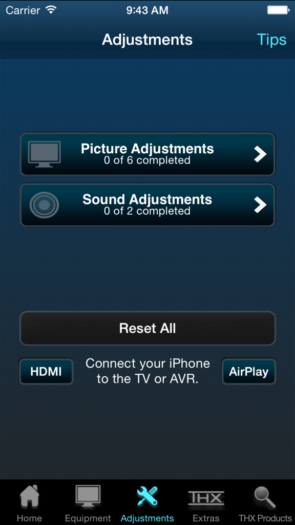 Menú de la aplicación THX tune-up para ajustes de imagen y sonido