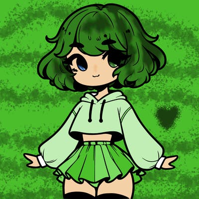 cute femboy with short, fluffy hair that softly frames their face, wearing a cropped hoodie, paired with a flouncy short skirt, and thigh-high stockings
