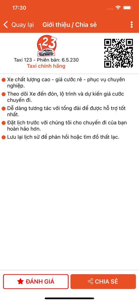 Taxi 123 - App - Interfaz de la aplicación móvil Taxi 123 mostrando características del servicio y código QR