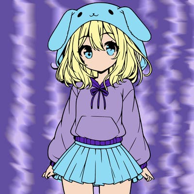pretty anime girl wearing a fluffy hoodie with bunny ears on the hood and a skirt