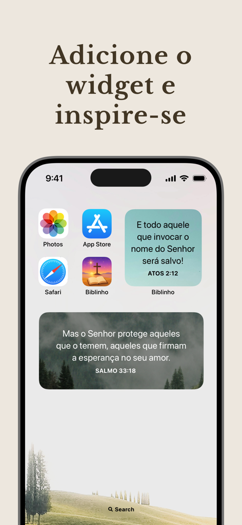 Versículo do Dia - Biblinho - Pantalla de inicio de iPhone mostrando widgets de versículos bíblicos diarios de la aplicación Biblinho