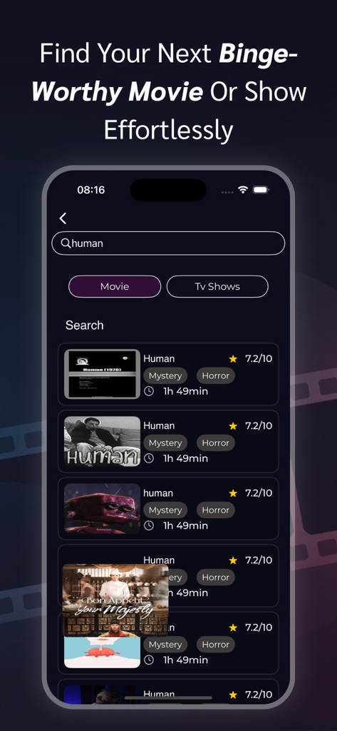 RAVE : Movies and TV shows - Pantalla de smartphone que muestra resultados de búsqueda de películas y programas de TV con calificaciones y géneros en la aplicación RAVE