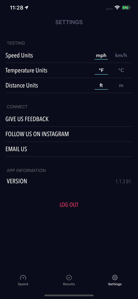 Speedy - Speedometer - Settings menu of the Speedy Speedometer app displaying options for speed temperature and distance units