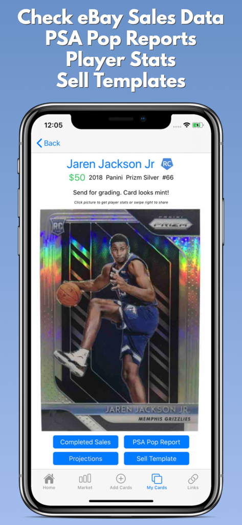 CardGenie - Sports Cards - CardGenie app interface showing a Jaren Jackson Jr basketball card with options for eBay sales data and PSA population reports