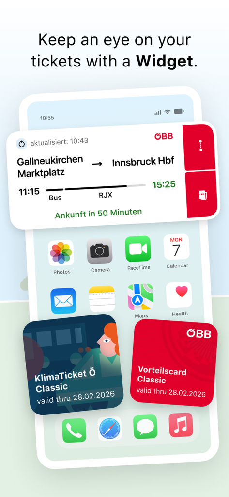 An iPhone home screen showing ÖBB Tickets app widgets for live journey tracking and digital discount cards like KlimaTicket and Vorteilscard.