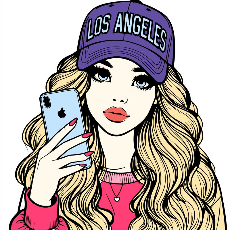 realistic beautiful girl wearing los ángeles cap holding an iphone