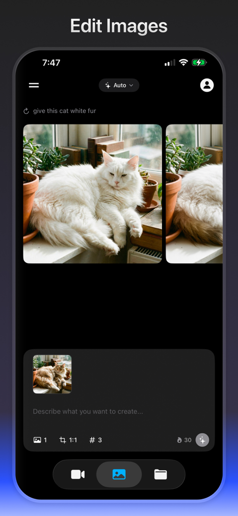 Smartphone screen of the Yapper AI app showing a cat photo being edited using an AI text prompt.