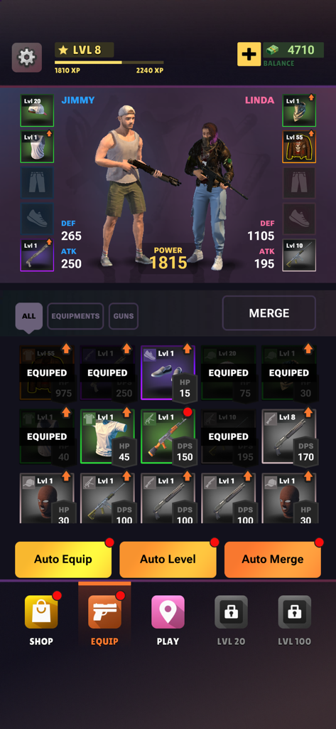 Gangs of Miami: Crime Shooter - Character equipment screen in Gangs of Miami showing weapons and clothing for the dual protagonists