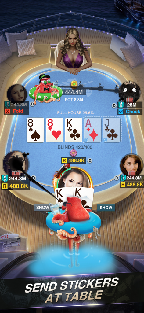 Players using interactive stickers at a virtual Texas Holdem poker table on a yacht.