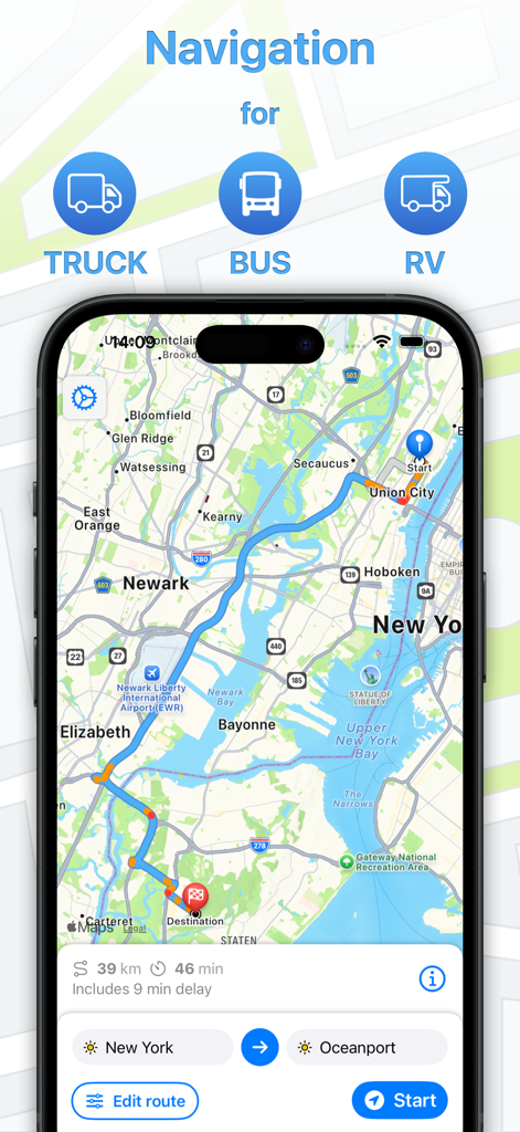 Schermata dello smartphone che mostra la pianificazione del percorso di Mappe Camion Navigazione per veicoli pesanti a New York