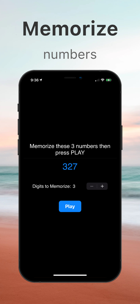 Number Recall Memory Trainer - Ein Smartphone-Bildschirm, der die Benutzeroberfläche der Number Recall-App mit einer Sequenz von drei zu merkenden Ziffern zeigt.