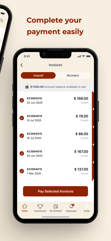 Firmpoint Pilates - Firmpoint Pilates app screen showing unpaid invoices and a button to complete payment
