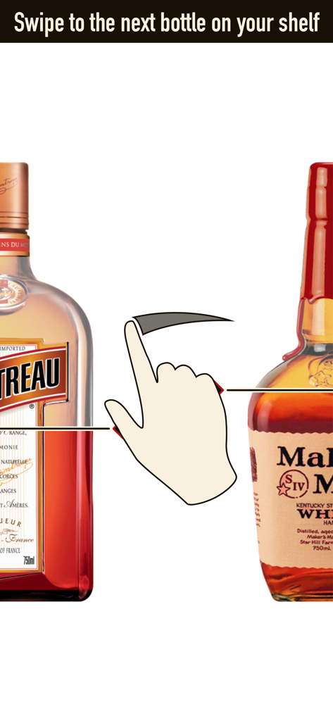 Gráfico que muestra una mano deslizando entre botellas de licor para registrar el inventario del bar en la aplicación Partender