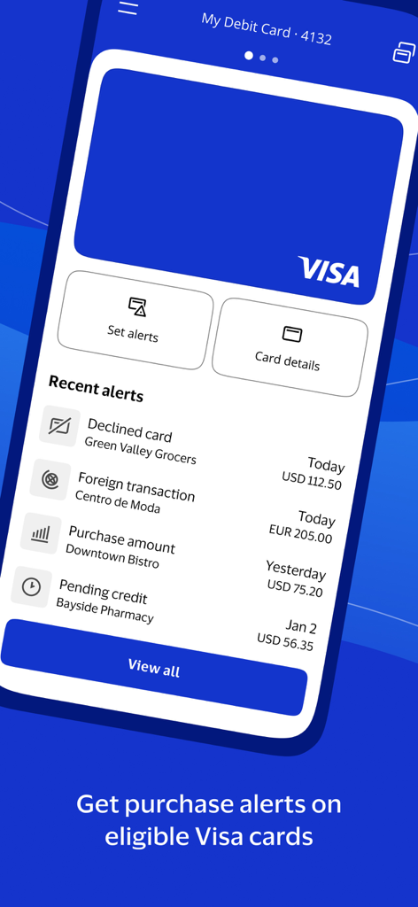 Mobile app screen for Visa Purchase Alerts showing a recent alerts feed with transaction details for a debit card