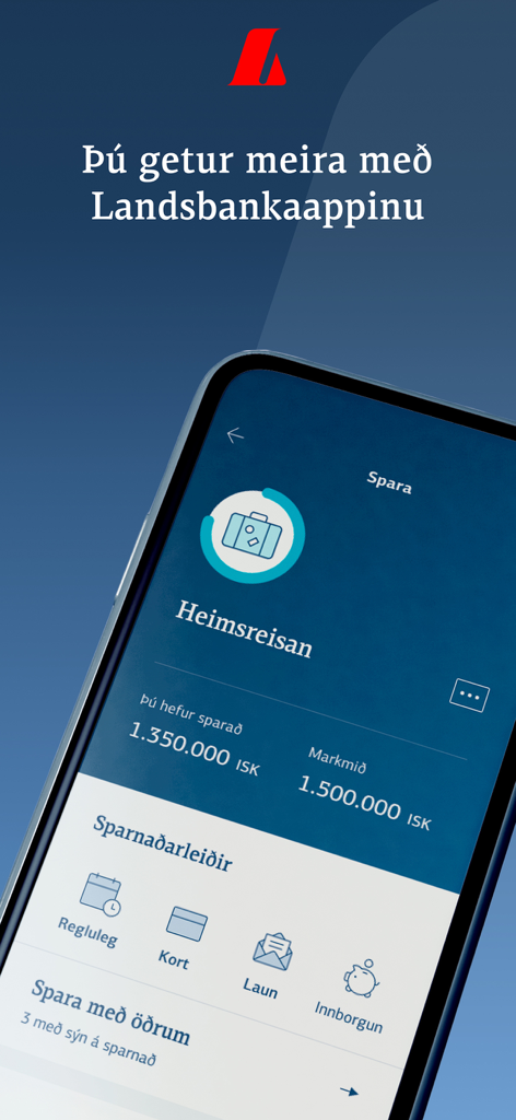 Landsbankinn - Smartphone displaying the Landsbankinn app savings feature with a travel goal progress bar