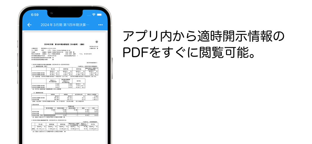 Viewing a Japanese financial disclosure PDF document in the app.
