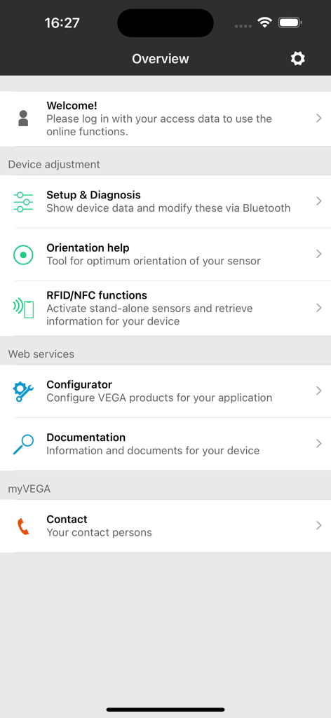VEGA Tools - VEGA Tools App-Oberfläche, die das Hauptmenü für industrielle Sensoreinrichtung, Diagnose, Ausrichtung, Hilfe und Dokumentation anzeigt