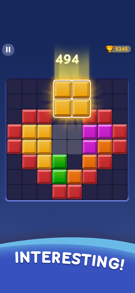 Block Blast Puzzle-Gameplay, das bunte Blöcke in Herzform zeigt, wobei ein gelbes Teil platziert wird