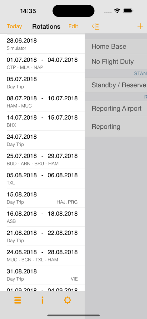 EASA FTL Calc app interface showing a list of flight rotations and duty schedules for aviation crew