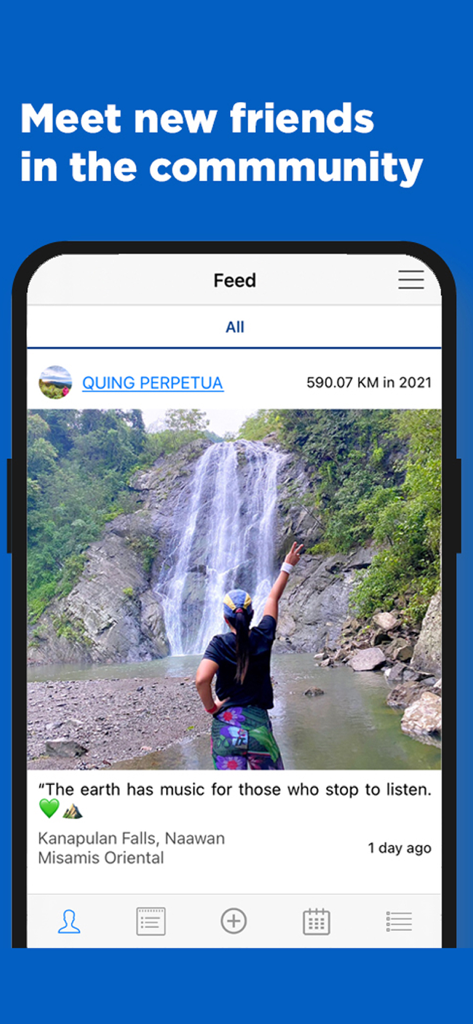 Pinoy Fitness Atleta - Pinoy Fitness Atleta app community feed showing a user sharing a fitness post with a scenic waterfall photo and yearly running stats