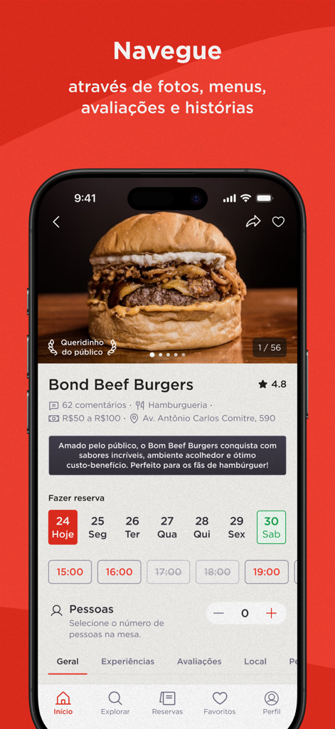 A restaurant profile page in the Primeira app showing a burger and reservation options for Bond Beef Burgers.