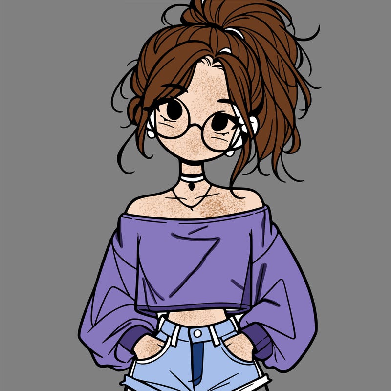 girl with a messy ponytail glasses a baggy crop top and jean shorts