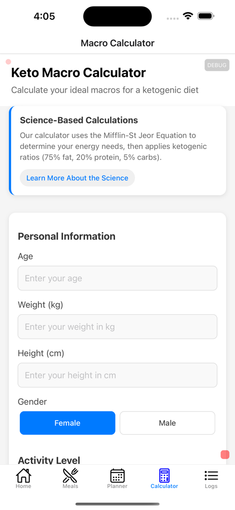 Keto Diet Recipes & Planner - Una captura de pantalla de la interfaz del Calculador de Macros Keto que muestra campos para información personal, incluyendo edad, peso y altura