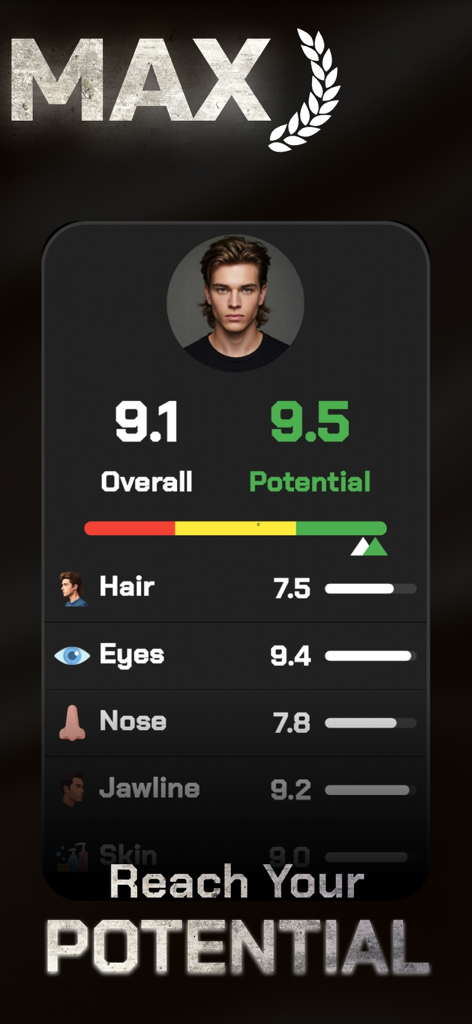 Mogger: LooksMax AI - Mogger app interface showing AI face rating scores for features like hair eyes jawline and skin