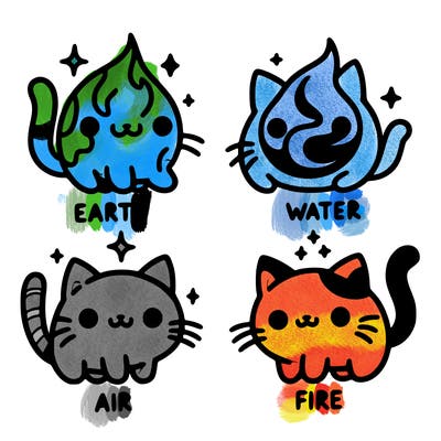 4 cats that represent the different elements, earth, water, air, and fire