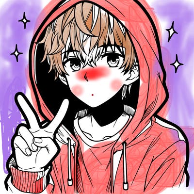 teenage manga boy in a hoodie, doing ✌