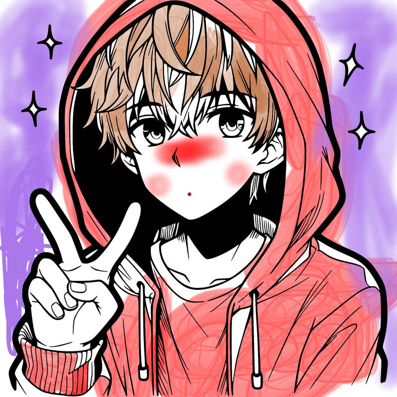 teenage manga boy in a hoodie, doing ✌