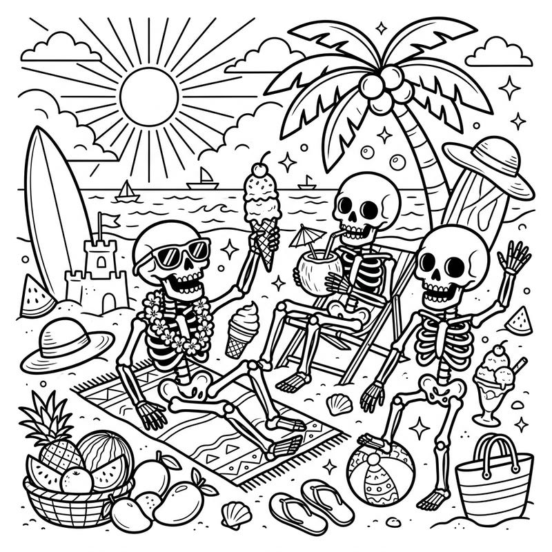 Dive into a surprisingly lively summer scene with this skull skeletons coloring page, featuring three skeletal friends enjoying a sunny beach day. From sunglasses and leis to ice cream and surfboards, this unique design promises hours of creative fun.