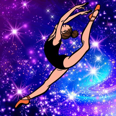 gymnast doing a leap in a leotard with a bent back leg