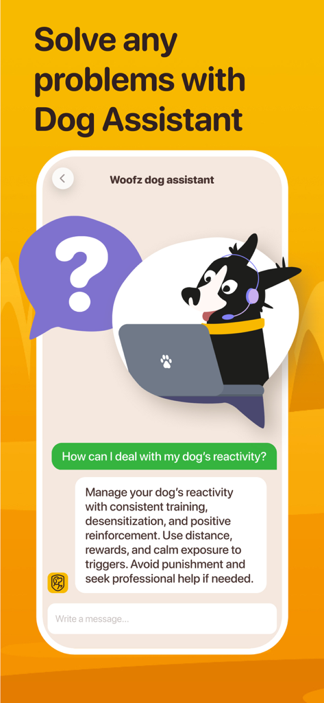 La interfaz de chat del asistente canino de la aplicación Woofz que muestra un perro de dibujos animados dando consejos de entrenamiento para la reactividad