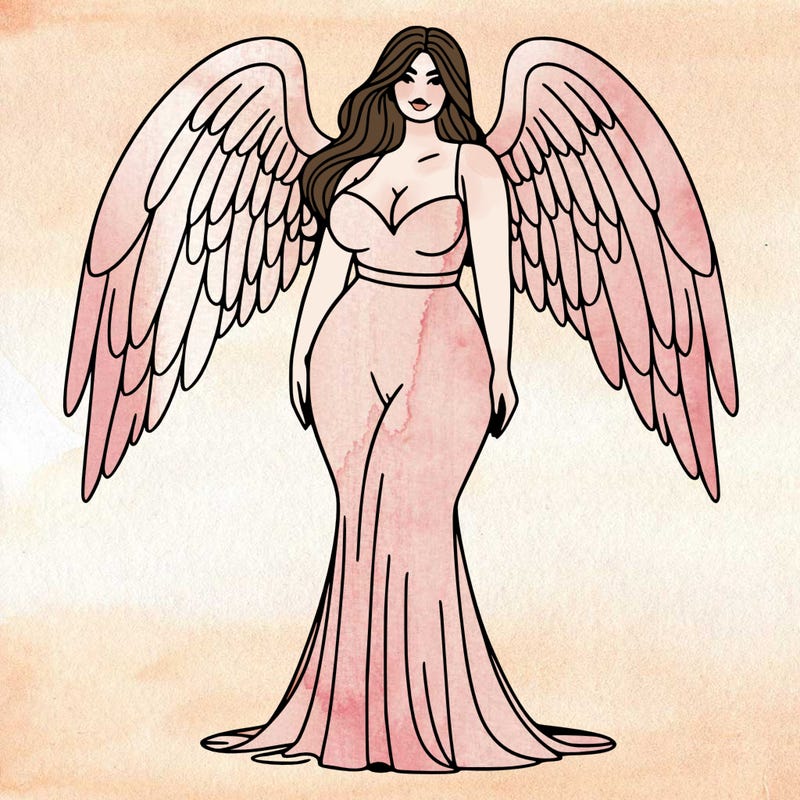 a tall white plus sized woman model vs angel with wings