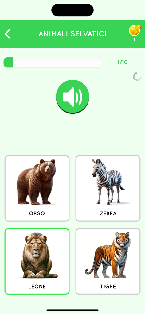 Learn Italian beginners - Italian language learning app screen showing wild animals vocabulary with images and audio button