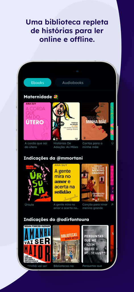 Aya Books: audiolivros, livros - Interfaz de la aplicación Aya Books que muestra una biblioteca digital con categorías de libros electrónicos y portadas en portugués.