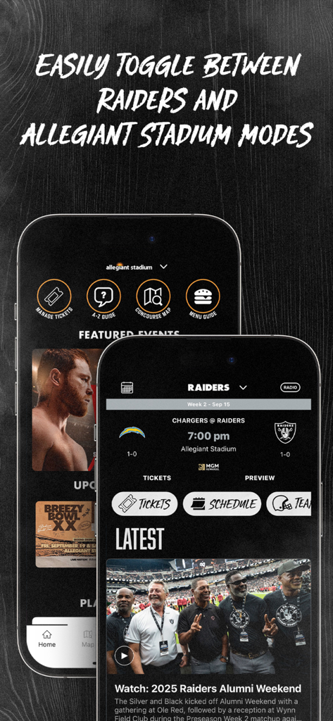 Raiders + Allegiant Stadium - Interface of the Raiders and Allegiant Stadium app showing the toggle between team and venue modes.